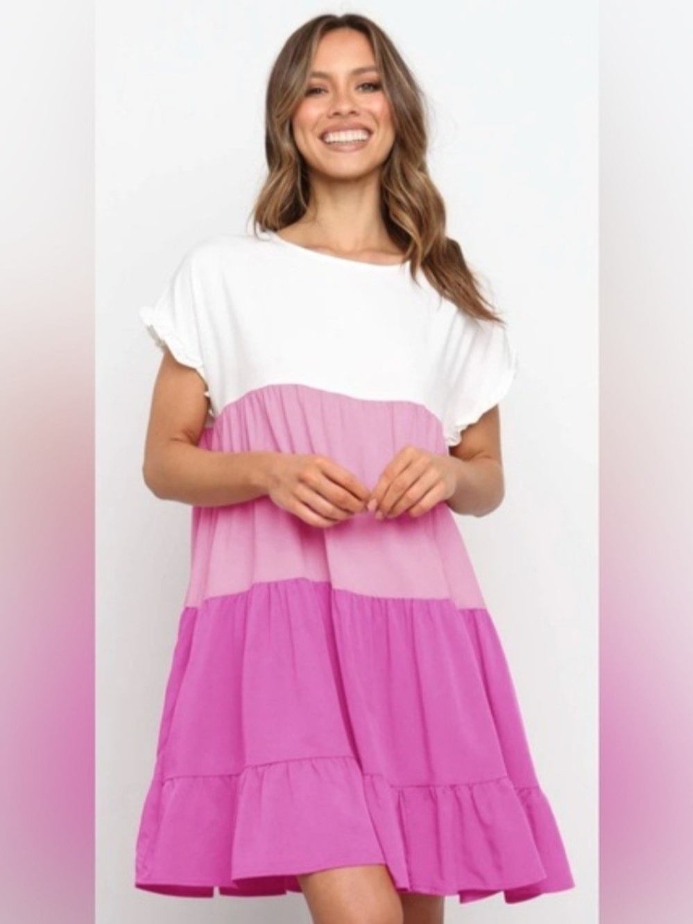 Tiered Hot Pink ColorBlock Baby Doll Dress - Picture 2 of 8